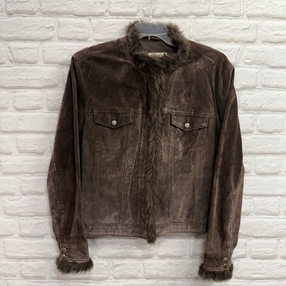 Coldwater Creek Leather Jacket Women's XL Brown Suede Faux Fur Hippie Y2K Style